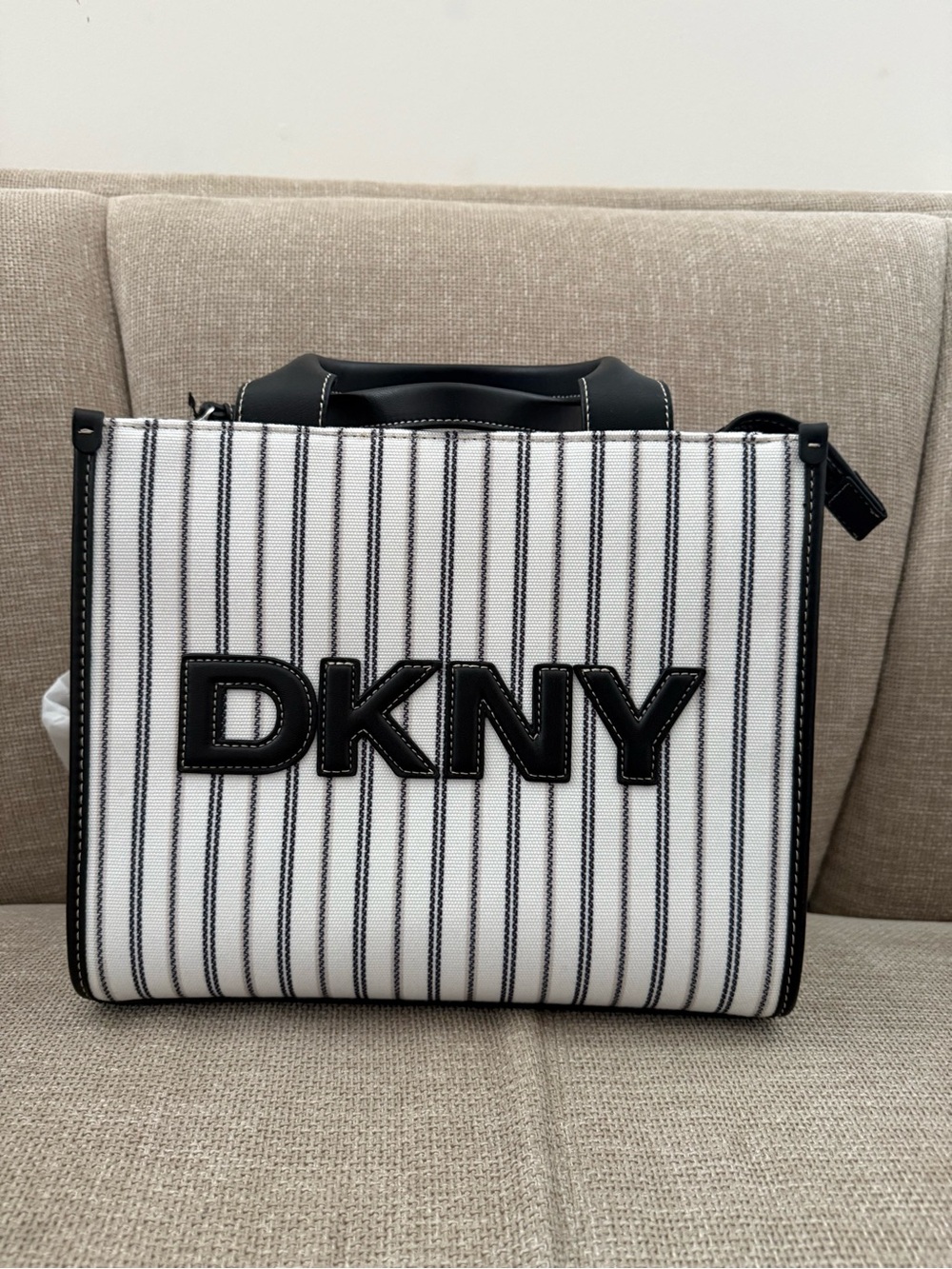 DKNY White and Black Striped Canvas Tote with Logo
